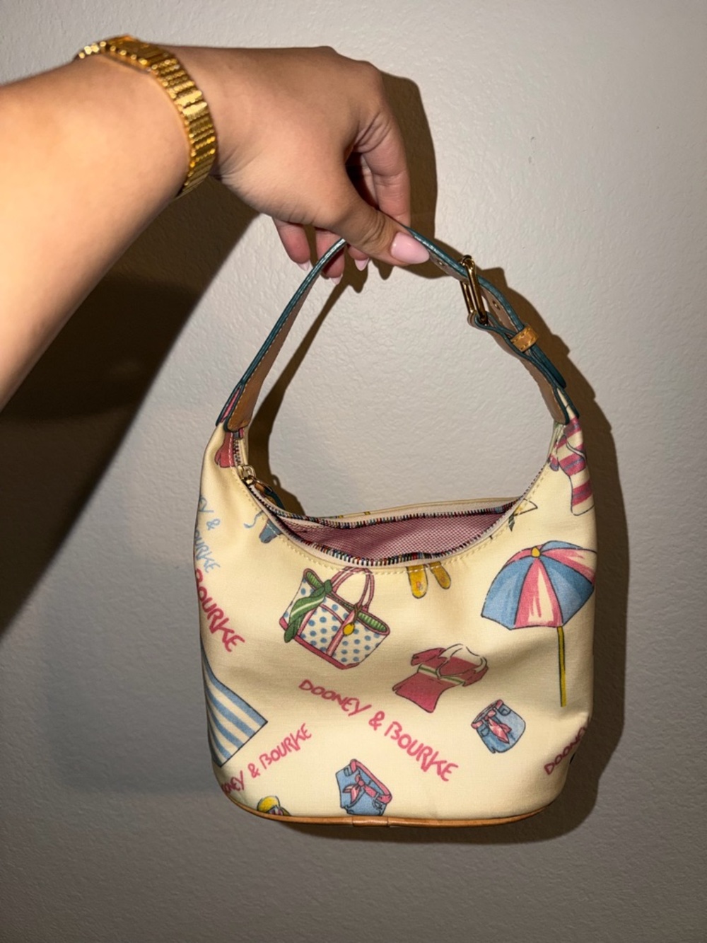 Dooney & Bourke Cream Summer Print Mini Hobo with Pink & Blue Accents
